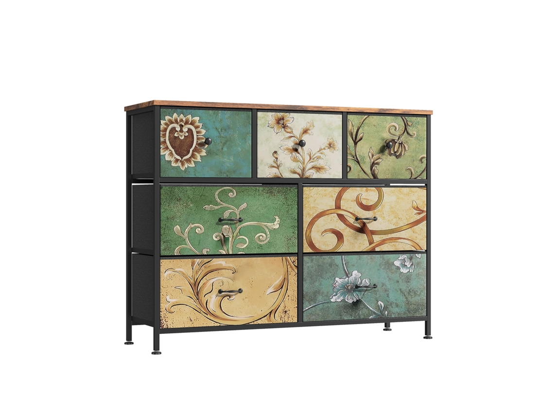 Cómoda, armario, ropero para dormitorio, estructura metálica, estilo retro, estampado floral, 7 cajones.
