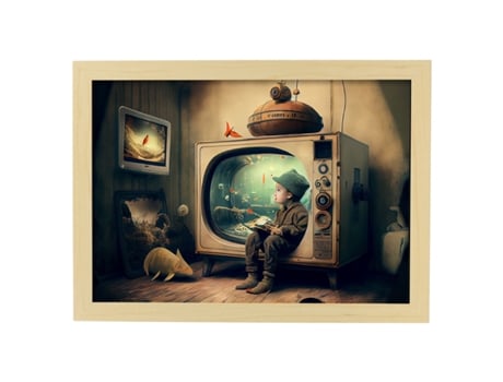 NACNIC Poster Pecera-Televisión En Estilo Surrealismo Cinematográfico Ilustraciones Y Grabados De Historieta Abstracta Y Artística A4 Marcos Madera