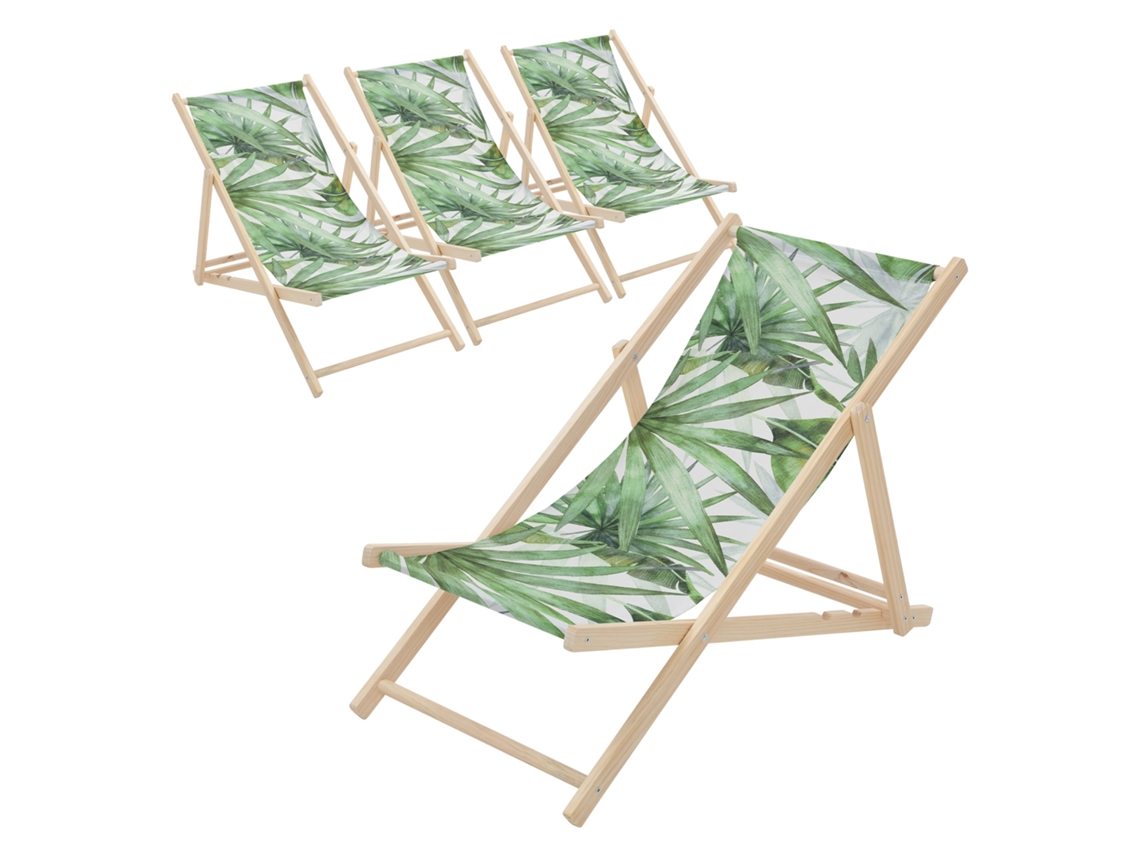 4x Sillas De Playa De Madera Con Respaldo Ajustable, Diseño Palmera