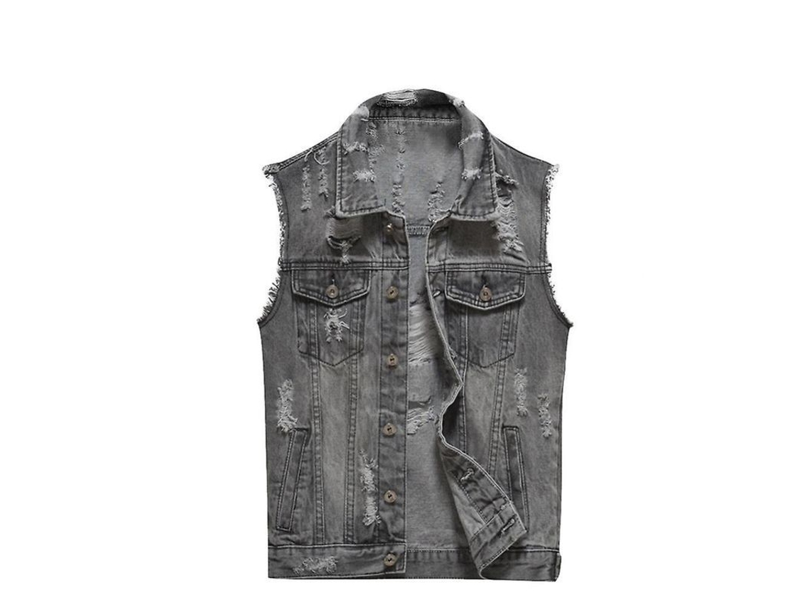 Rebe-Vesto Vaquero Sin Manga Classico Solid Color Ripped Para Juveniles Y Adultos Medium Ydd M Gris
