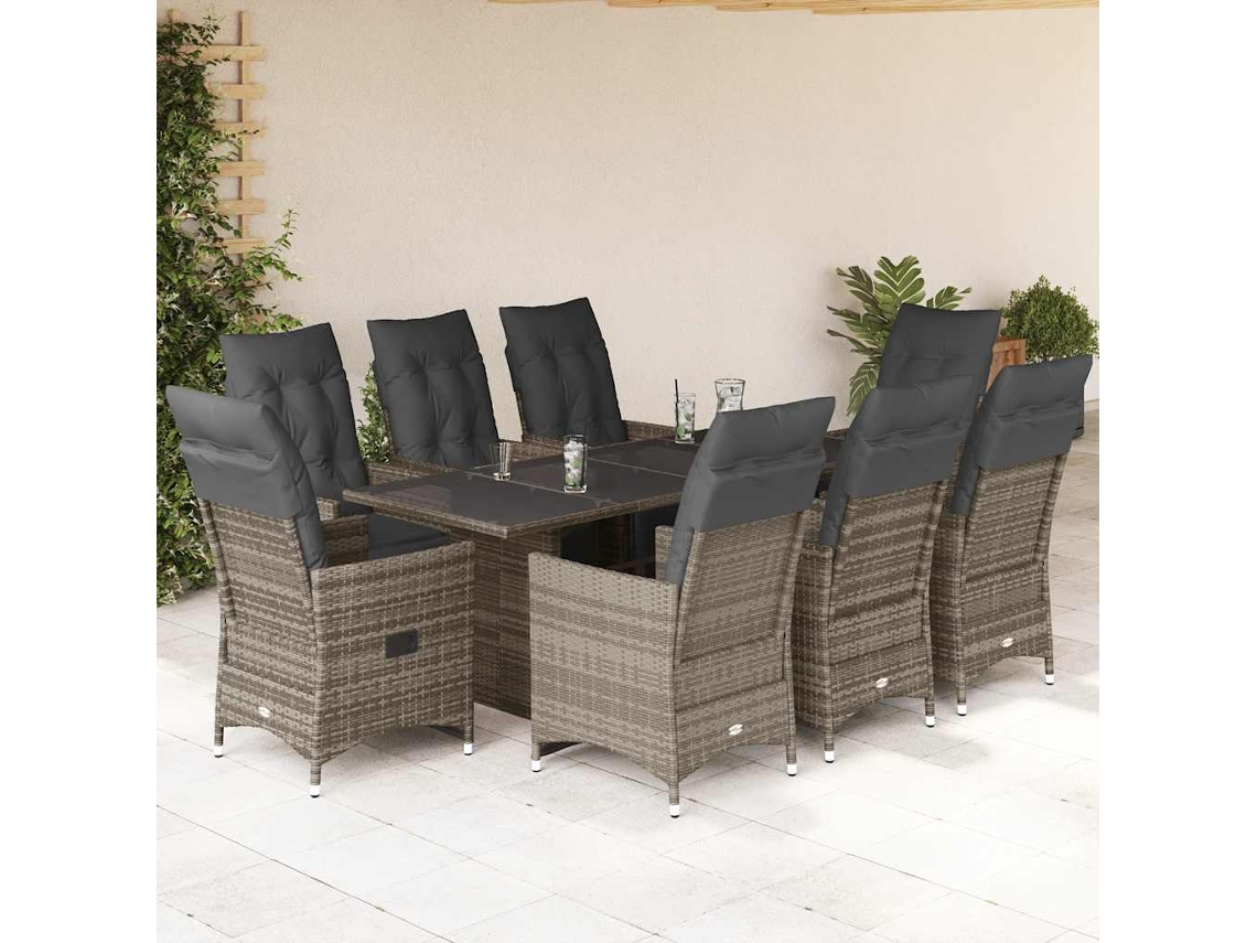 9 Pcs Conjunto Bistrô De Jardin C/ Almofadas Vime Pe Cinzento Dkd Home Decor