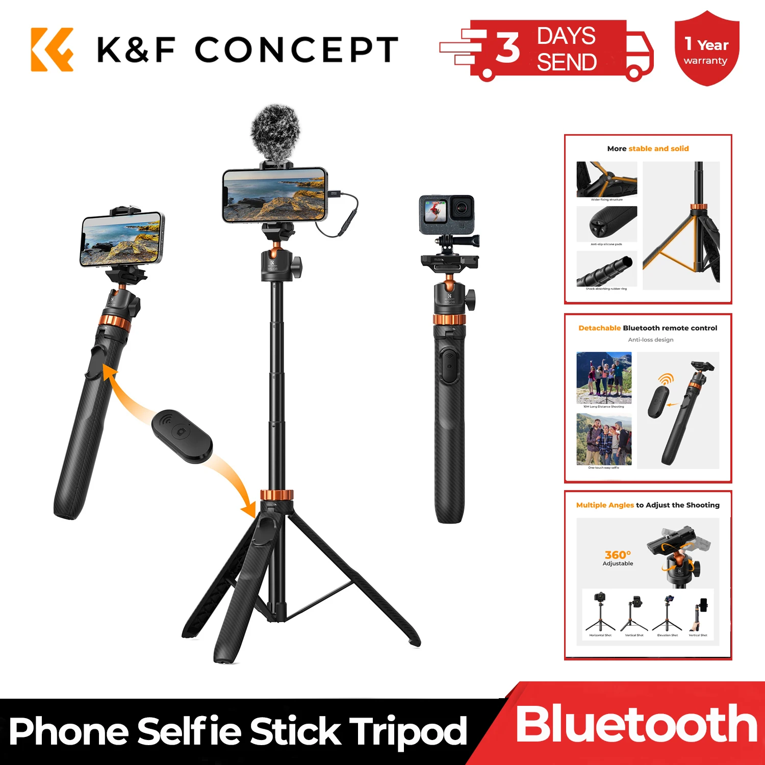 Trípode + Palo Selfie para Celular con Control Bluetooth, Adaptador GoPro