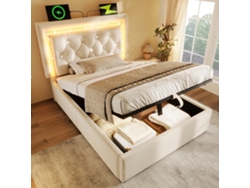 Cama Tapizada 90x200 Cm Terciopelo Beige, Led Diamante, Usb-c, Almacenamiento Hidráulico, Somier De Láminas, Sin Colchón.