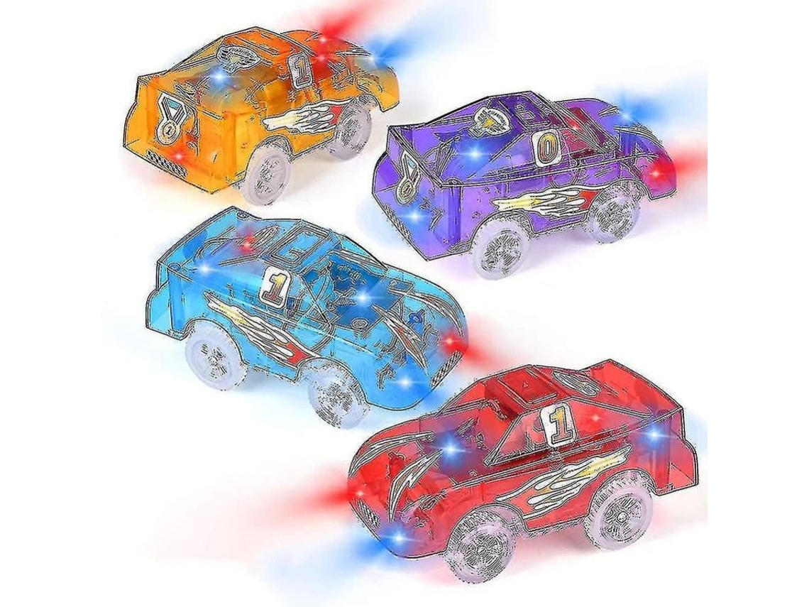 4 Coches Con Luces Led Para Jugar, Compatibles Con Los Sets De Pistas Flexibles Kmt Y Dinosaurios.
