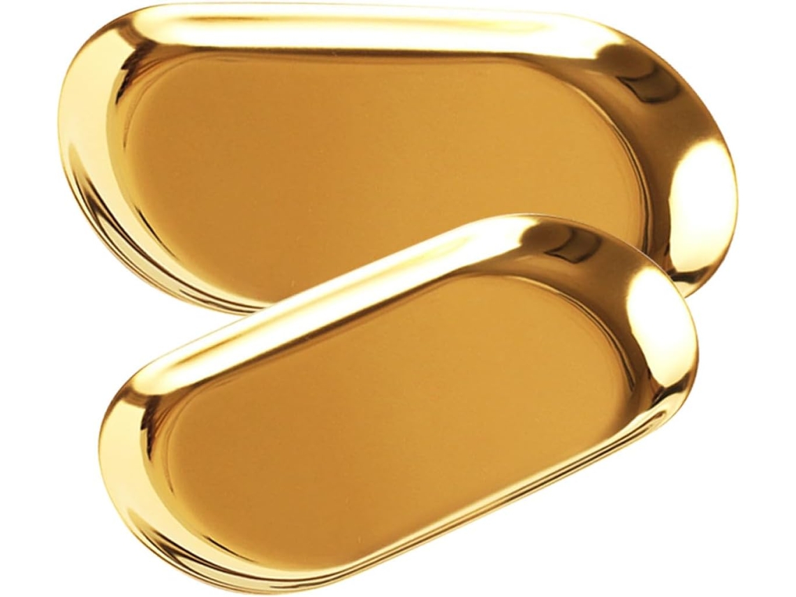 Juego 2 Bandejas Decorativas Ovaladas Pequeña Grande Acero Inoxidable Dorado Guardar Joyas Servilletas Fruta