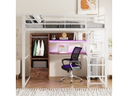 Cama Alta 140x200cm - Cama Metálica Con Led, Escritorio, 1 Cajón, Estanterías, Barandilla, Escalera, Sin Colchón - Blanco