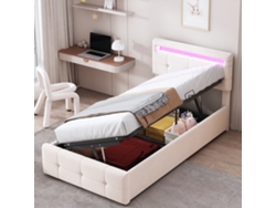 Cama Infantil 90x200cm En Terciopelo,con Luces Led Rgb Controladas Por App Y Mando,almacenamiento Hidráulico,estructura De Madera Y Metal,200kg,beige