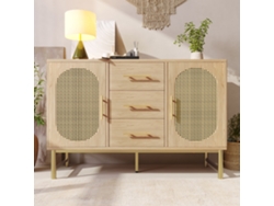 Aparador de ratán con 3 cajones y 2 puertas de ratán, cómoda, tocador, para dormitorio y sala de estar, estantes ajustables.