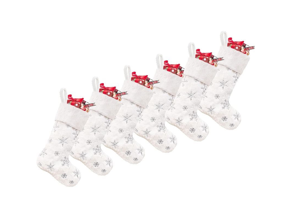 2026-6 Calcetines De Navidad De Pelo Falso Blanco Con Lentejuelas Plateadas Para Decoración Familiar Niños Festiva Navideña Grande