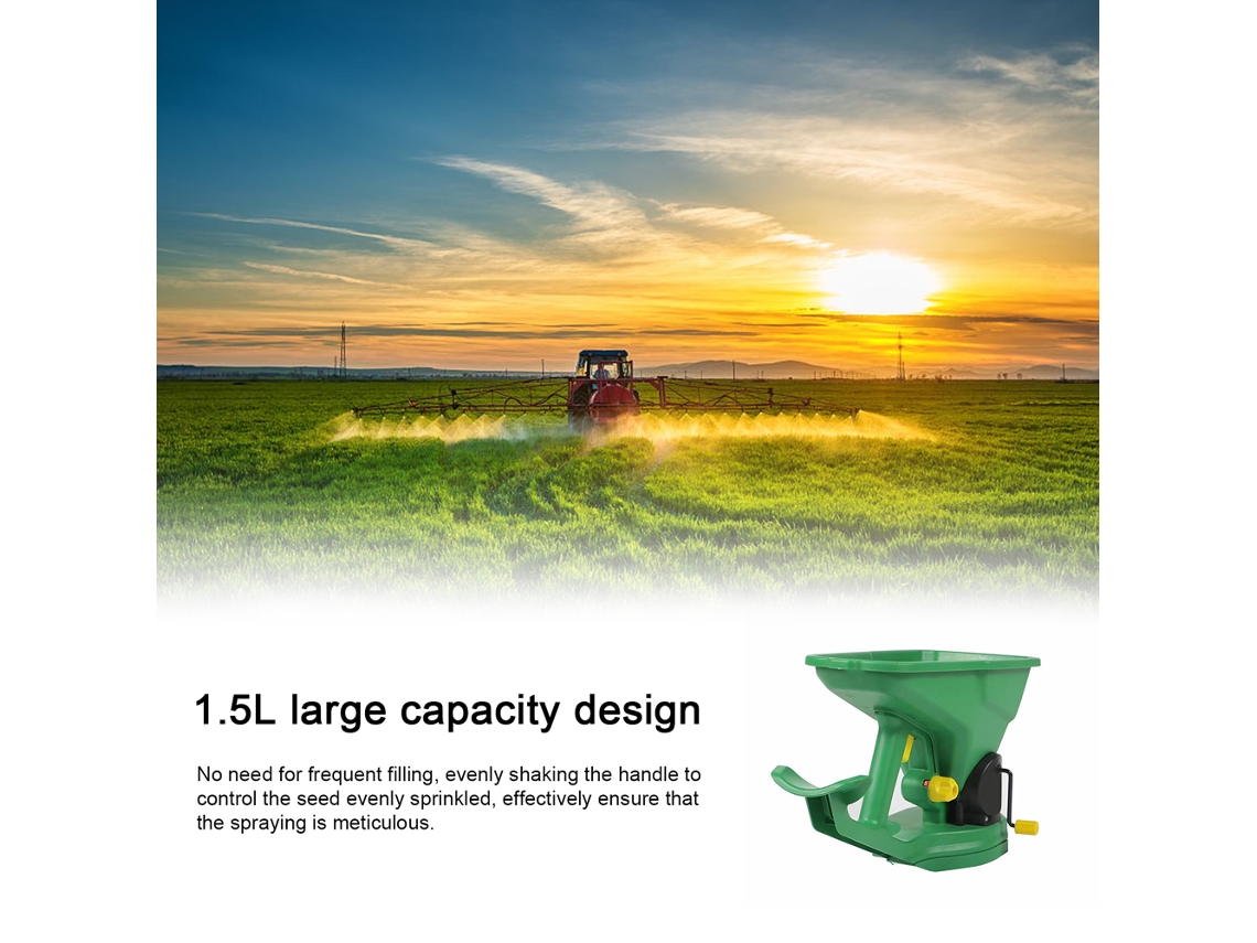 Sembradora manual portátil de 1,5 L con 5 velocidades ajustables para semillas, fertilizantes y nieve (sin marca).