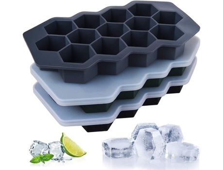 Paquete de 3 bandejas de silicona para cubitos de hielo, moldes para cubitos de hielo con tapas selladas, 39 bandejas de hielo hexagonales flexible...