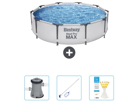 Piscina BESTWAY Round Steel Pro MAX - 305 x 76 cm - Gris - Incluida Bomba - kit de limpieza - Tiras de prueba