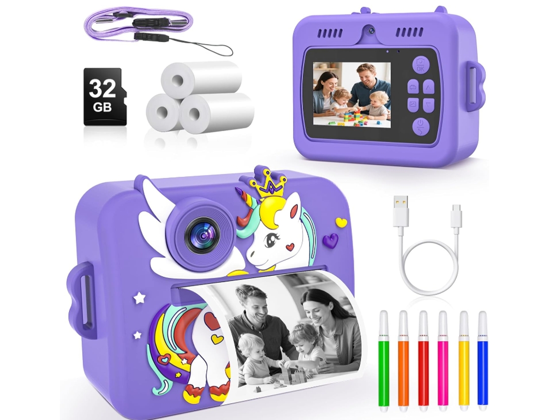 Kids Câmera Rolipo X7d 1080p, Presente Para Crianças Dos 3 Aos 12 Anos, Ecrã Ips De 2,5 Polegadas, 4 Rolos De Papel Fotográfico Roxo