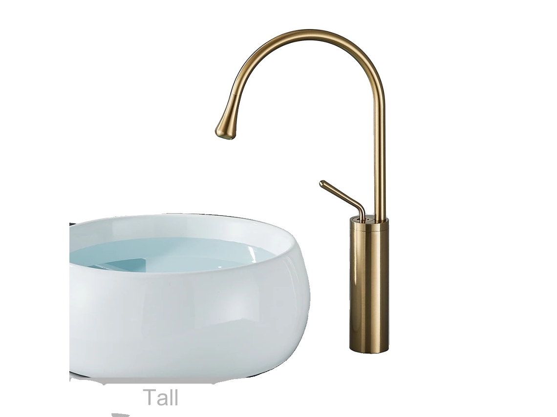 Grifo de baño, rotación de 360°, efecto cascada, acabado en oro cepillado.