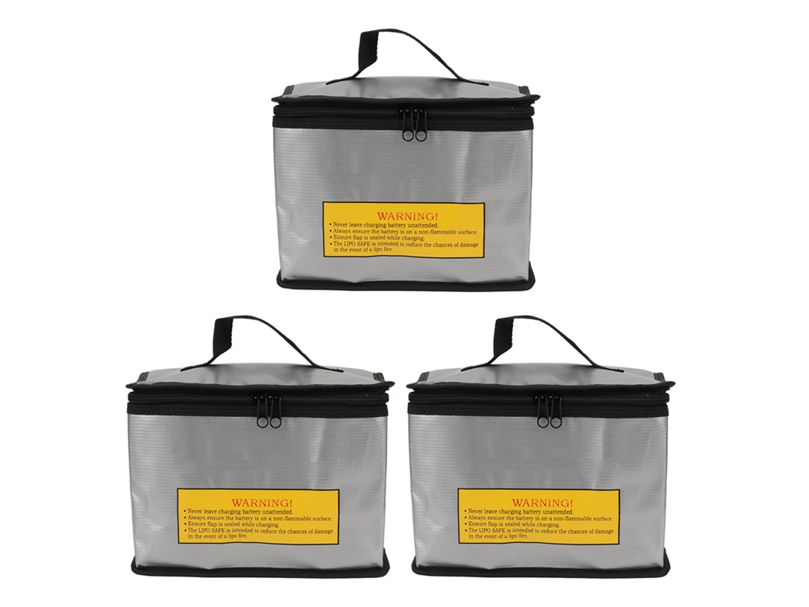 3 bolsas de seguridad ignífugas y a prueba de explosiones para baterías LiPo con gran capacidad y cremallera.