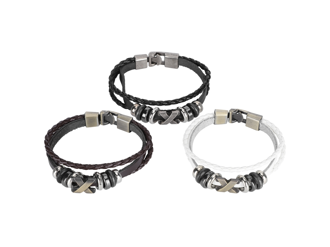 3 Piezas De Pulseras Vintage De Cuero Tejido Multicapa Con Tachuelas De Estilo Salvaje