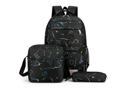 Mochila de tres piezas de gran capacidad, estampada, negra