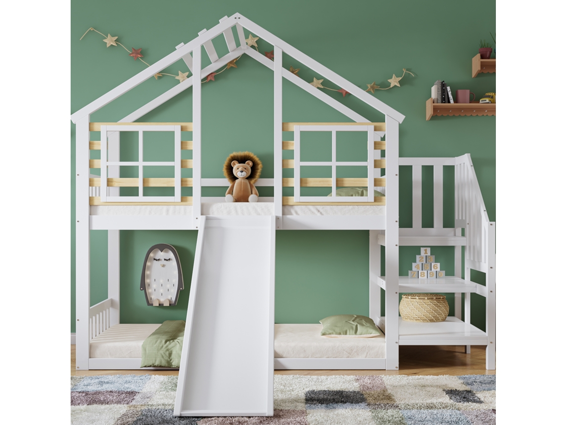 Litera Mobrio de 90 x 200 cm con escalera, tobogán, ventana y barreras de seguridad de madera maciza blanca
