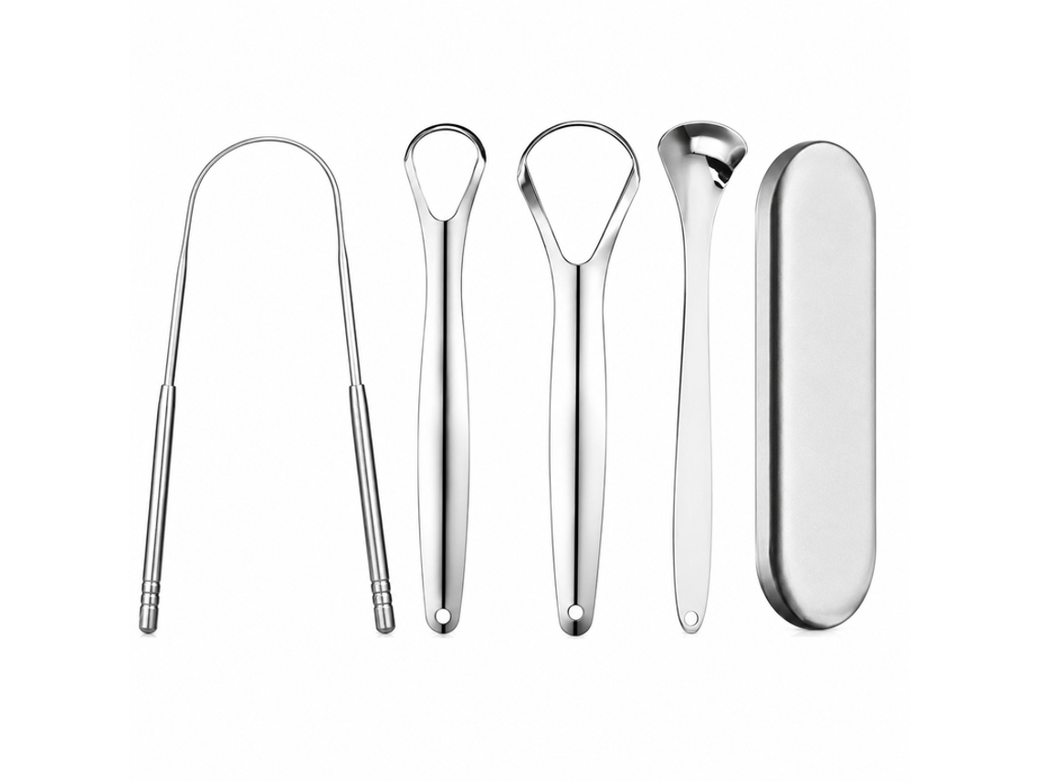 Juego 4 Raspadores De Lengua Acero Inoxidable Con Estuche, Elimina Placa Y Halitosis, Higiene Bucal Diaria.