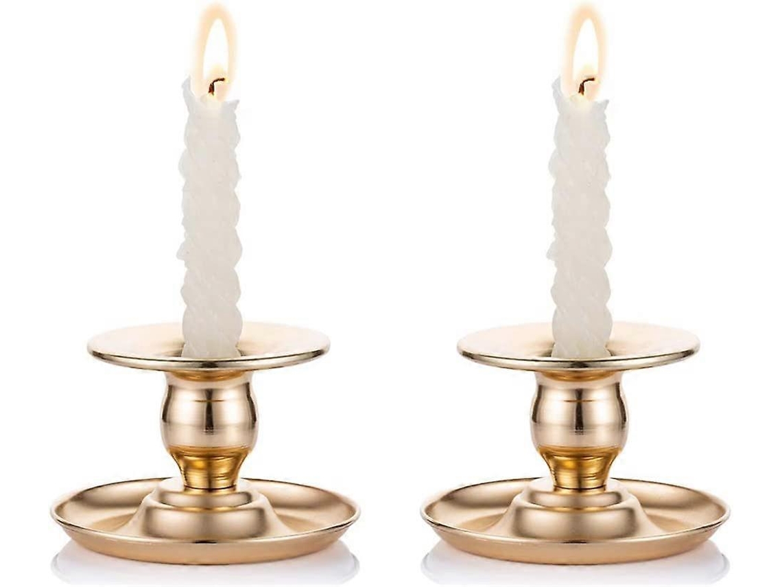 Omni-2 Piezas De Portavelas De Metal Latón Dorado Para Velas Y Velas De Té Con Diseño Antiguo Y Base Ancha