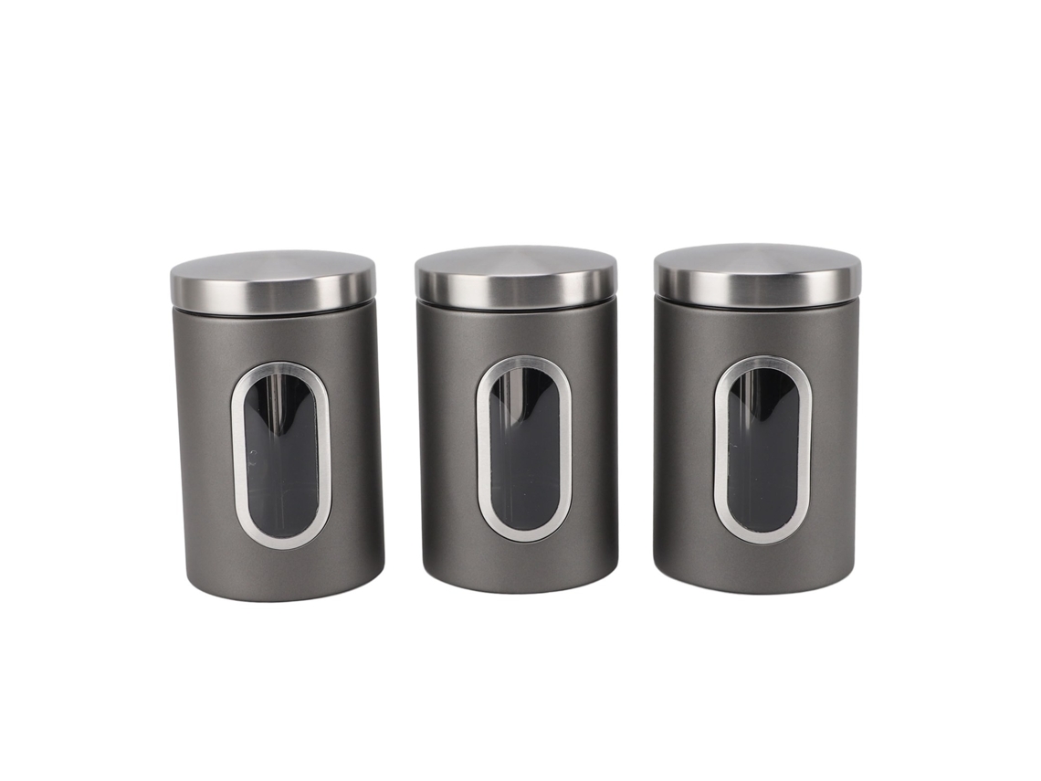 Juego de 3 recipientes herméticos de acero inoxidable con ventana transparente, para café y granos mixtos, color gris plateado.