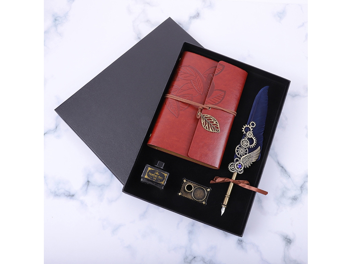 Set Pluma De Ave Con Tinta Y Cuaderno Pluma Vintage Para Caligrafía