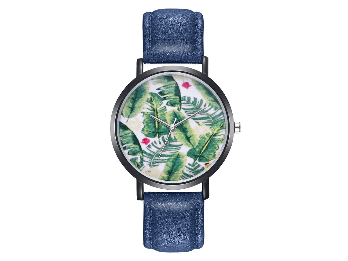 Reloj De Pulsera Zhoulianfa Unisex Con Correa De Pu Dial Redondo Patrón De Hoja Azul