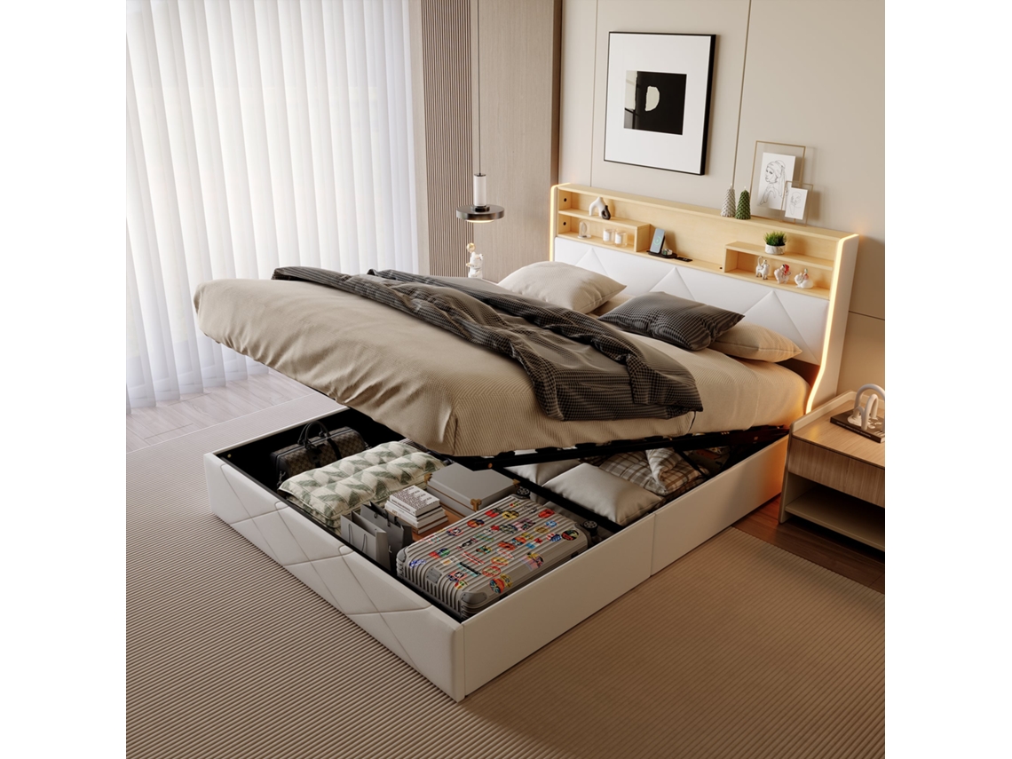 Cama Con Almacenamiento De 160x200 Cm En Piel Sintética Blanca Y Roble Claro, Cabecero Con Espacio De Almacenamiento, Puertos Usb Y Tiras Led.