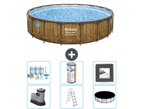 Piscina BESTWAY Round Power Steel Swim Vista - Impresión en madera - 549 x 122 - Incluye bomba - Escalera - Cubierta Accesorios CB31