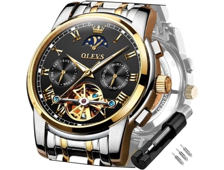 VEANXIN Reloj mecánico automático Tourbillon de acero inoxidable resistente al agua con fecha luminosa para hombre(Correa blanca y cara negra.)