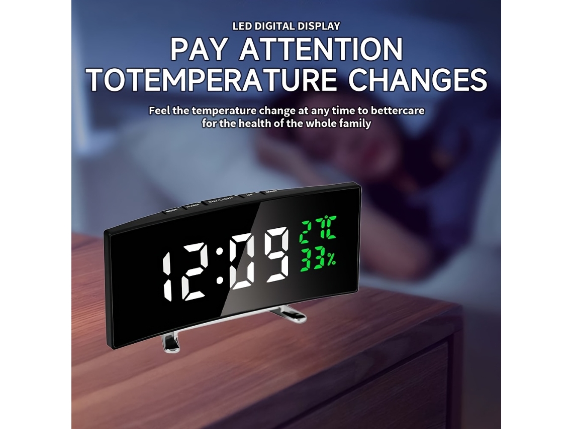 Reloj Despertador Multifuncional Con Pantalla Led Curva Que Muestra La Hora, La Temperatura Y La Humedad, Ideal Para La Oficina.