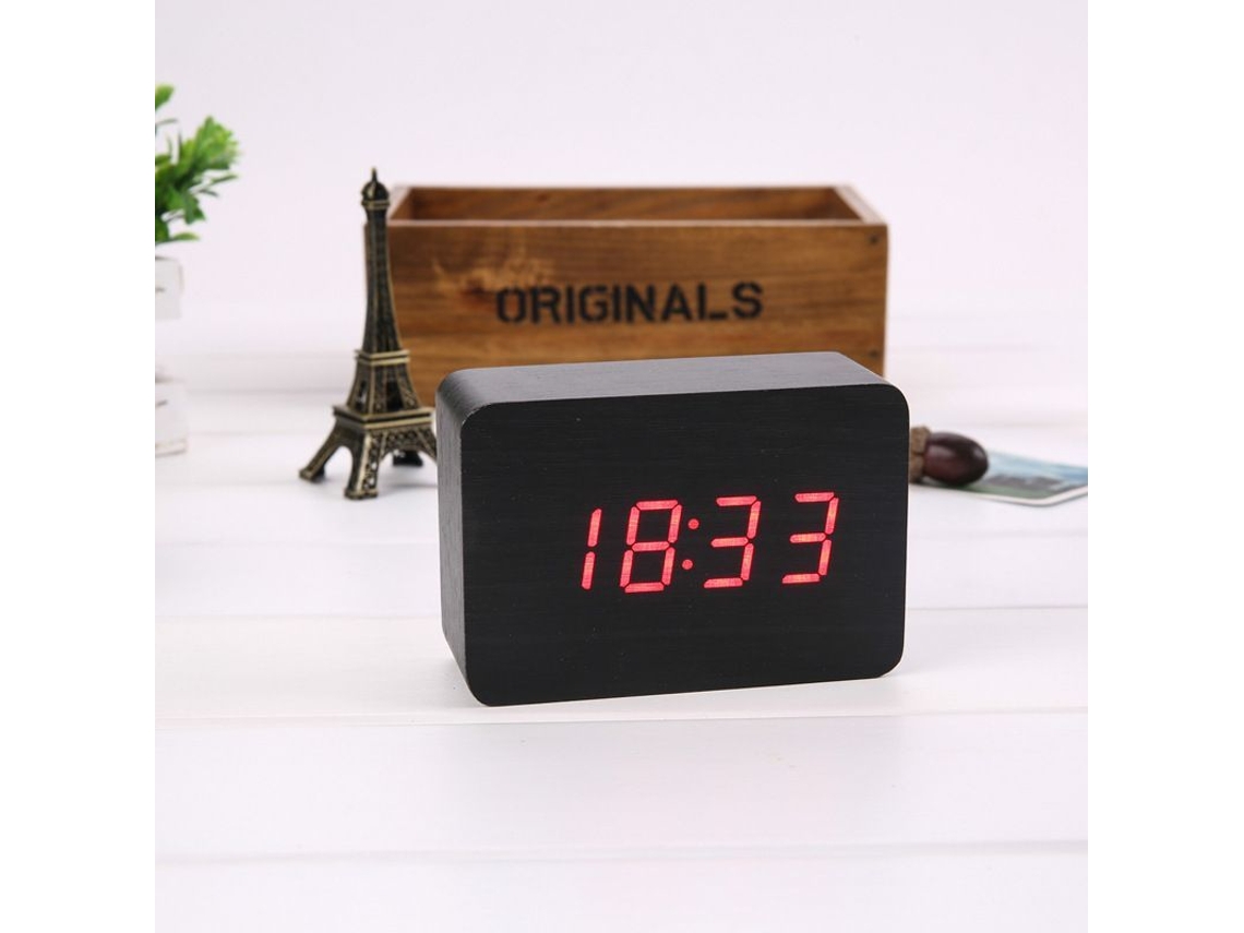 2026-reloj Despertador Digital Led Con Carga Usb, Temperatura, 3 Alarmas, 2 Modos Y 3 Ajustes De Brillo (madera Negra Luz Roja)