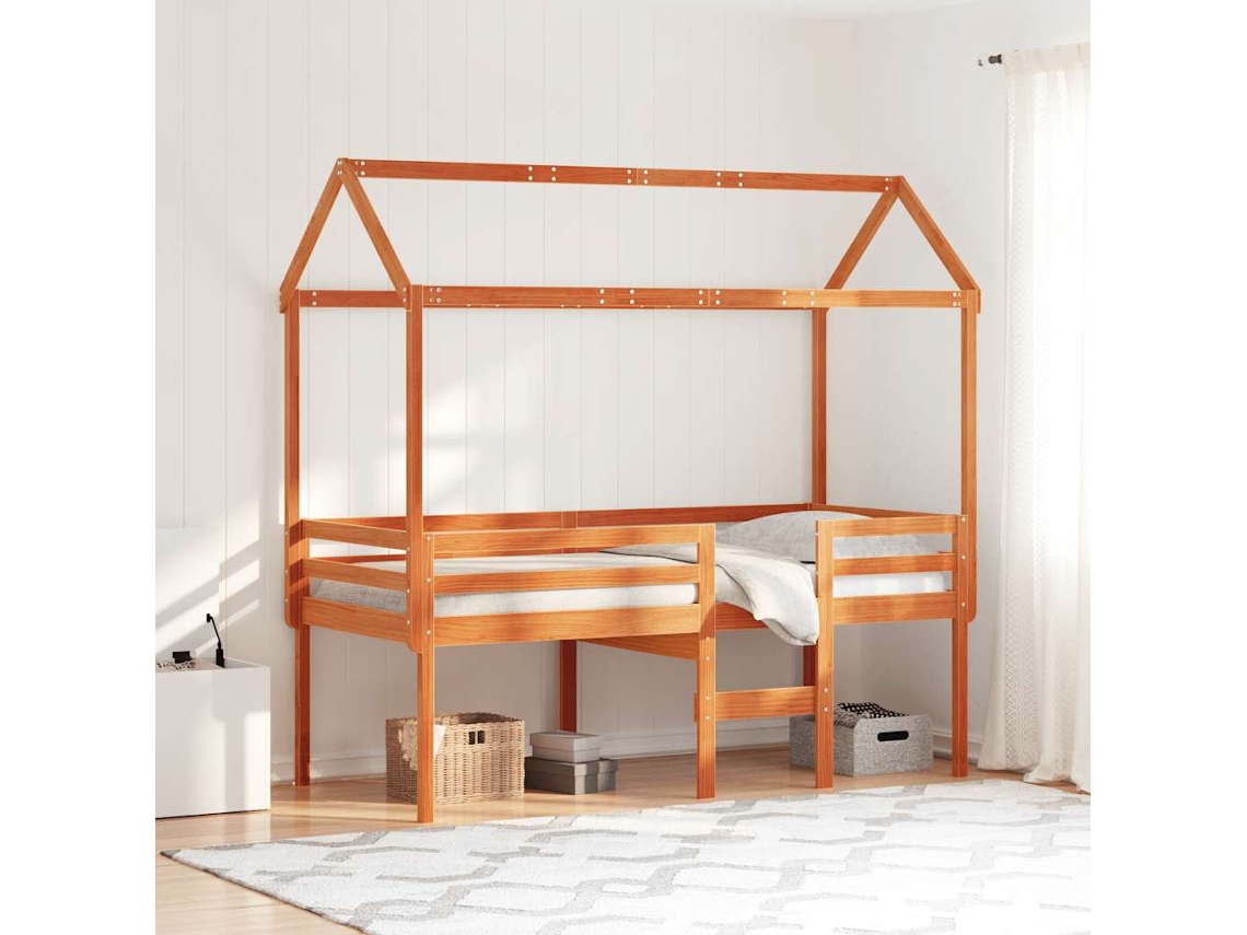 Cama Alta Con Techo Madera Maciza De Pino Marrón Cera 90x200 Cm