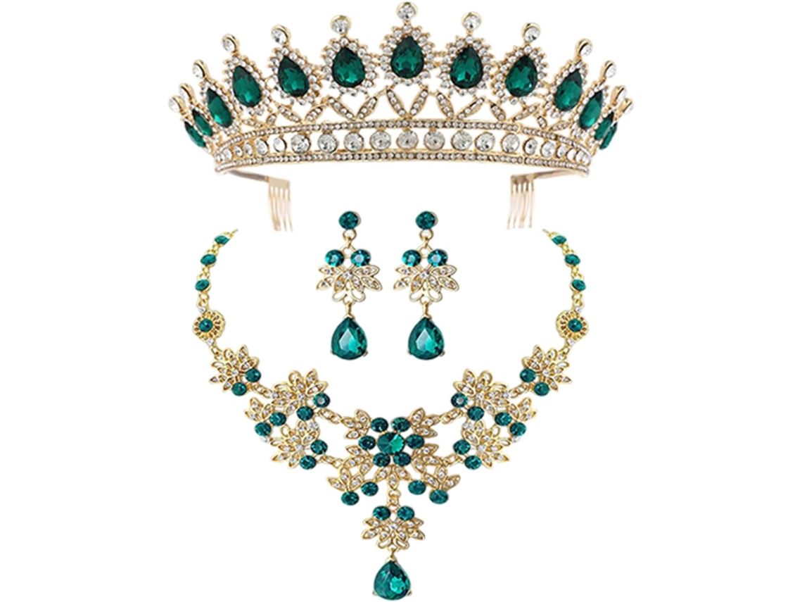 De Collar Y Pendientes De Corona Verde, Joyería Nupcial Para Mujer, Accesorios Para Vestidos.