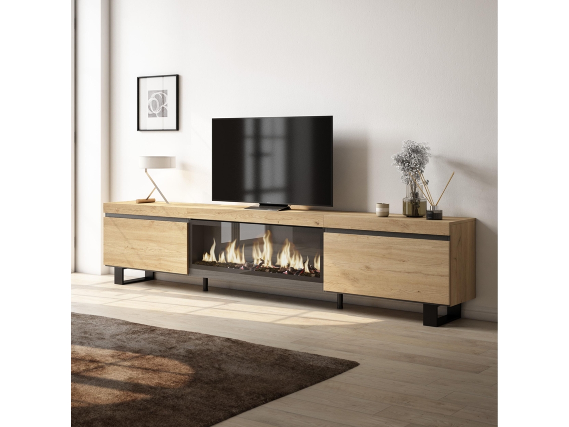 Mueble TV, Televisión, 267x57x35 cm, Para TV gran formato, Chimenea eléctrica XXL, Diseño industrial, Roble SKRAUT HOME