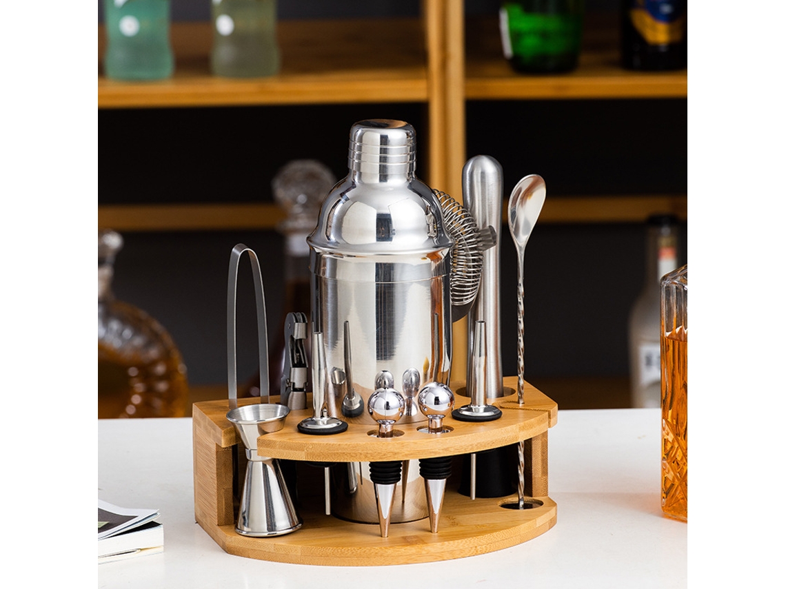 Juego profesional de coctelería de acero inoxidable de 11 piezas con soporte de bambú para bar doméstico DIGITALLAB (750 ml)