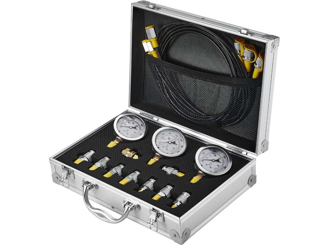 Kit de prueba de presión hidráulica Succebuy, 3 manómetros, 9 acoplamientos, 3 mangueras y estuche de transporte