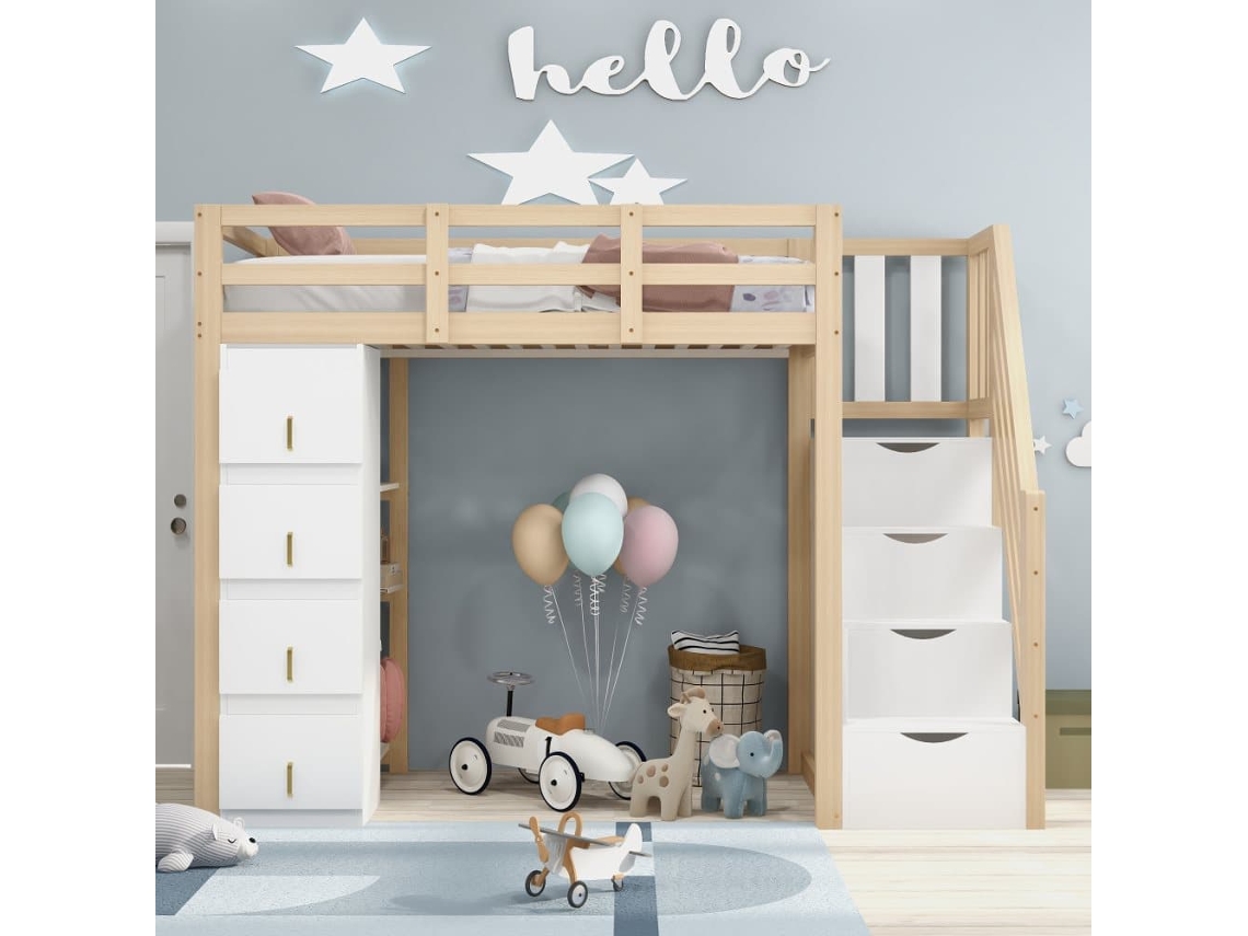 Cama Alta 90 X 200 Cm - Madera Maciza Multifuncional Con Cajones, Estantería Múltiple Y Escalera Segura Con Almacenamiento - Natural