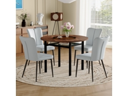 Conjunto De Comedor Redondo 100 Cm - 4 Sillas Pu Gris Claro - Mesa Madera Marrón Y Negra