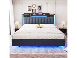 Cama Polster 140x200 Cm - Con Led, Toma Usb, Cabecero Con Almacenamiento, Cama Suspendida - Gris