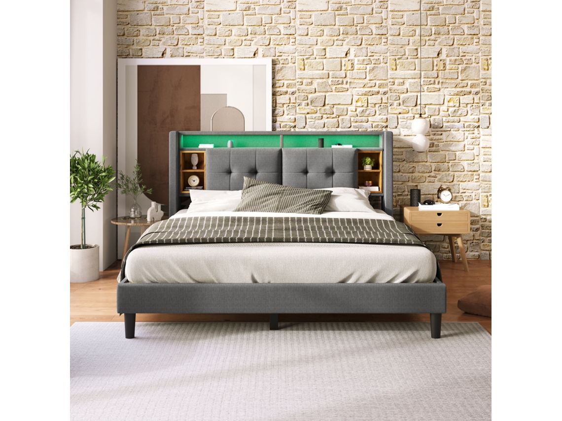 Cama Doble Tapizada 160x200cm Gris, Cabecero Con Almacenaje 6 Huecos, Cargador Usb, Led Rgb, Sin Colchón, Madera Maciza, 440 Lbs