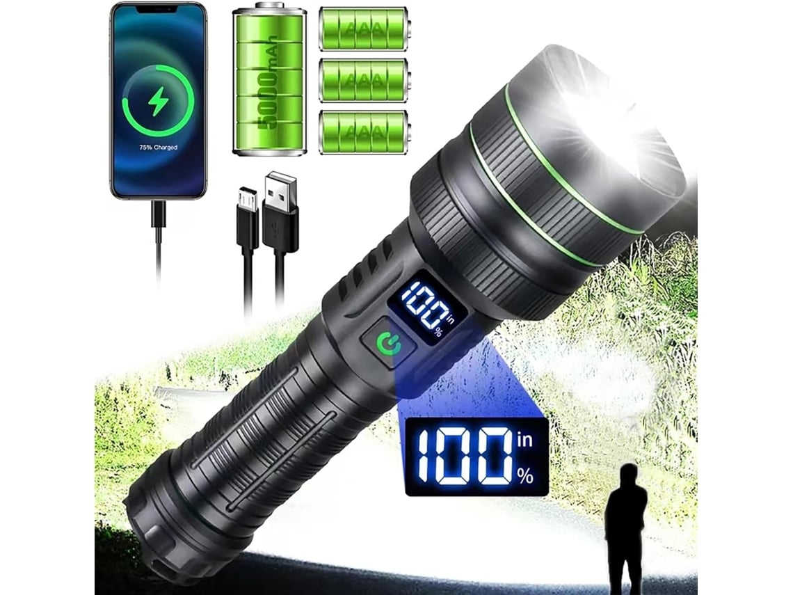 Linterna LED recargable, superbrillante, 120.000 lúmenes, linterna táctica de alta energía con zoom XHM77.2, 5 modos, linternas impermeables, Yunzii