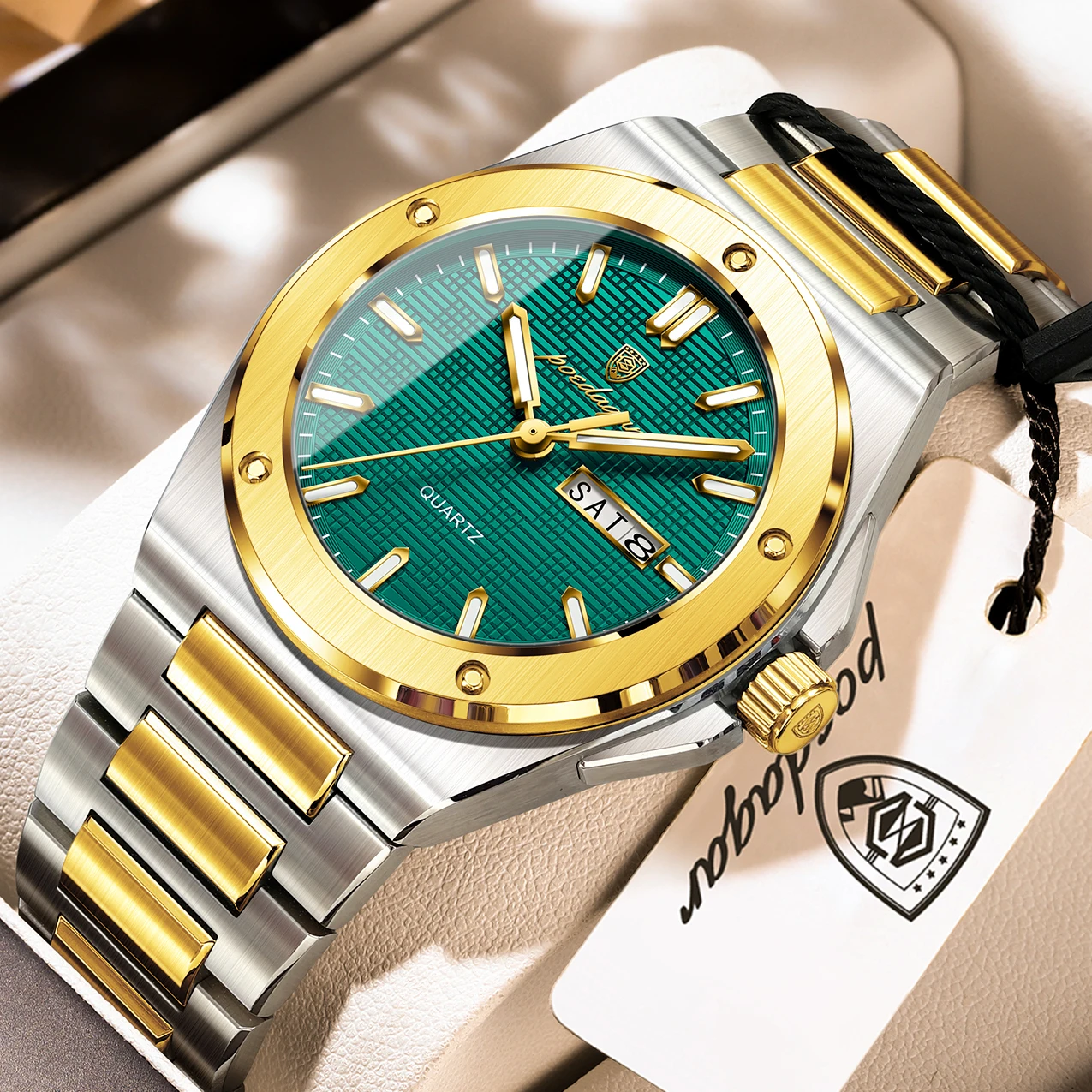 (caja De Oro, Esfera Verde) Reloj Deportivo De Acero Inoxidable De Cuarzo Para Hombres, Luminoso, Resistente Al Agua, Visualización De La Fecha