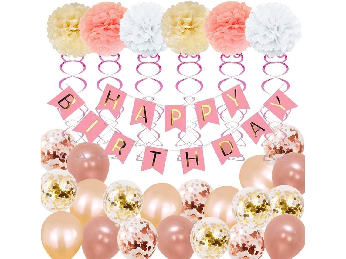 Elegantes decoraciones de cumpleaños en oro rosa, pancarta de feliz cumpleaños para celebraciones memorables, realza tu fiesta con decoración reutilizable.
