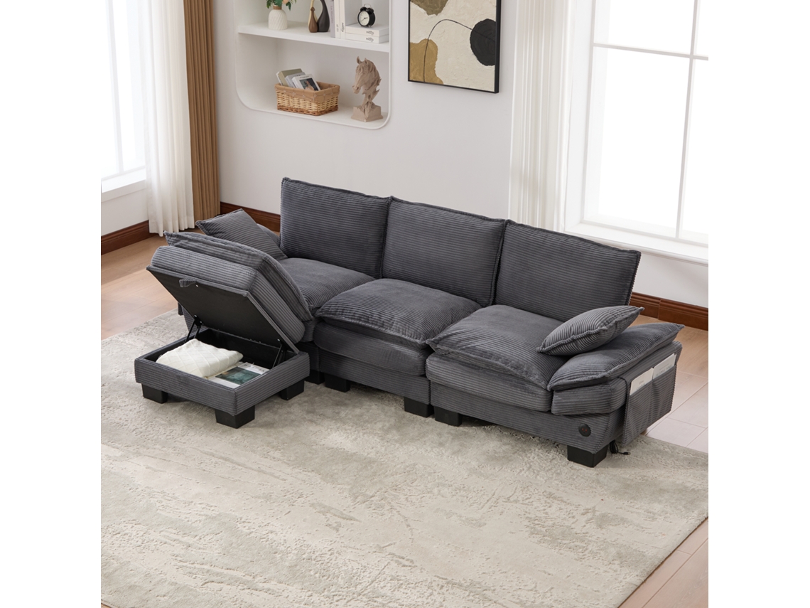 Sofá Modular 3 Plazas Pana Con Otomana Gris Oscuro