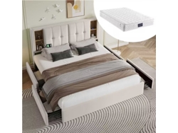 Cama Doble 160x200 Cm - Con Cargador Usb-c Inalámbrico Y 4 Cajones, Somier De Madera - Terciopelo Beige (con Colchón)
