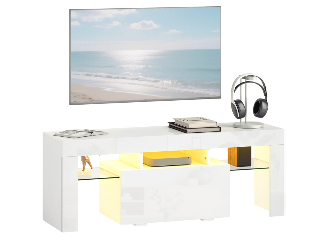 Mueble Tv Led Rgb Brillo Estantes Vidrio Templado 120x34x45cm Blanco