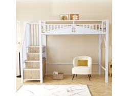 Cama alta de metal de 90 x 200 cm con barrera de seguridad individual, escalera y armario Mobrio blanco