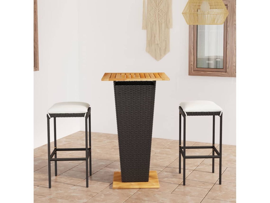Conjunto de bar de jardín de 3 piezas con cojines de mimbre negros de DKD Home Decor