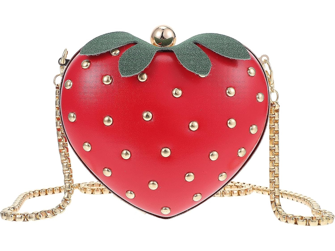 Bolsa Transversal Feminina Ciieeo Com Estampa De Morangos Vermelhos, Clutch Trançada Charmosa, Bolsa De Mão Em Formato De Fruta.